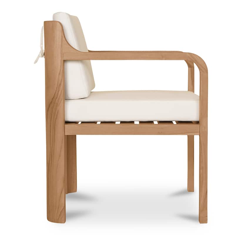 NADAAL STUDIOS Evelith Outdoor Dining Chair, Solid Teak Frame, Curved Back and Sloped Arms, White Olefin Upholstery