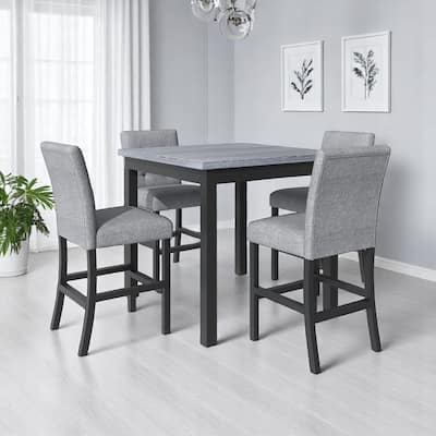 5-Piece Counter Height Dining Set, Square Rubberwood Table and 4 Upholstered High-Back Chairs for Kitchen or Dining Room