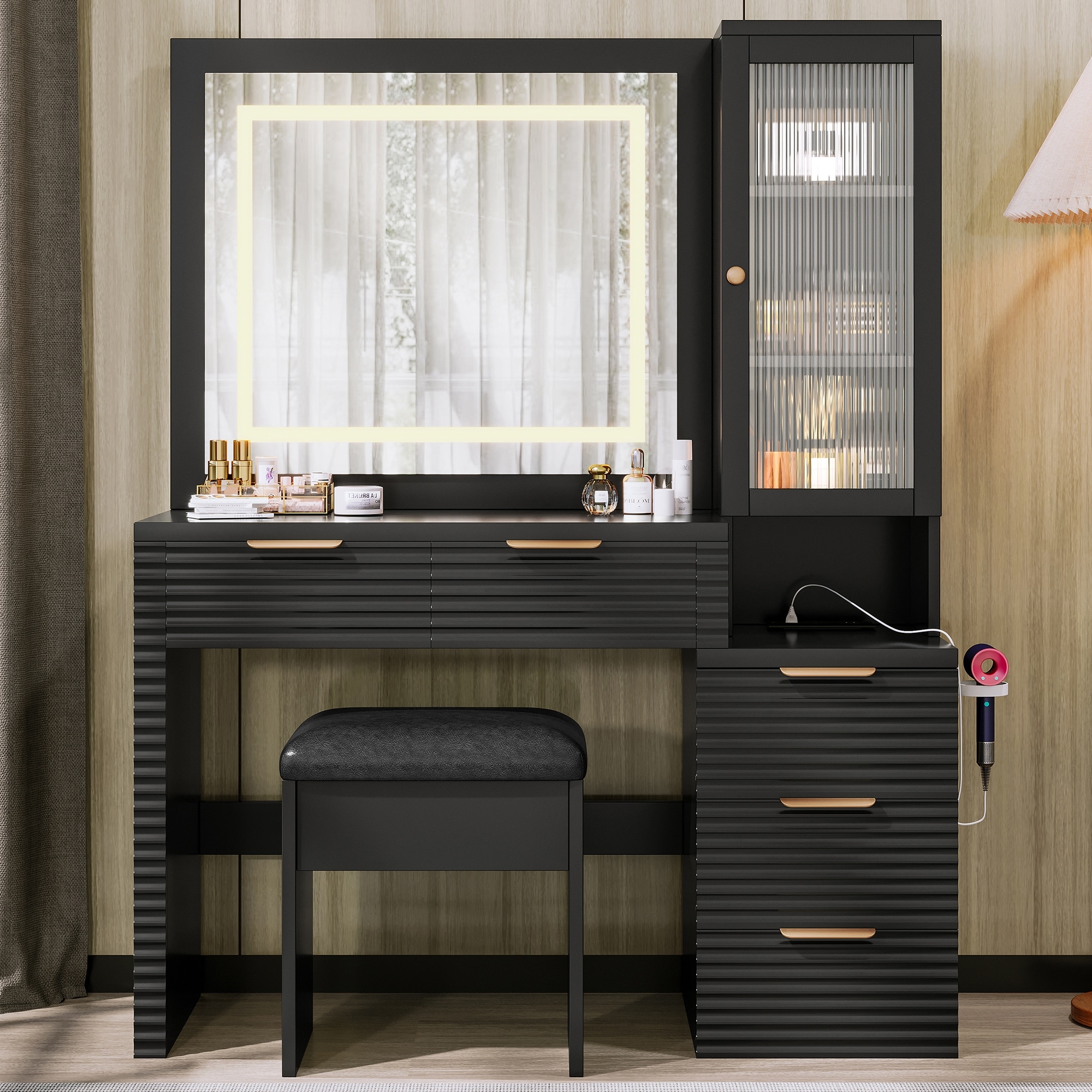 43.5"Vanity Desk with Mirror and Lights,Fluted Vanity with Charging Station,5 Drawers and a Glass Door Cabinet,Storage Stool
