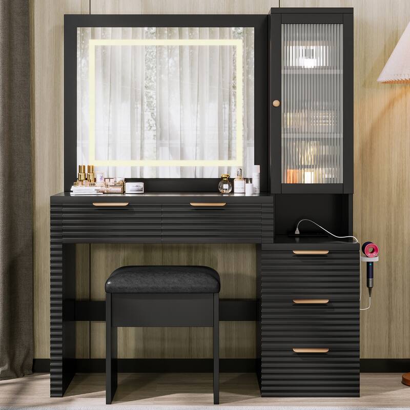 Fluted Makeup Vanity Desk with Charging Station, Bedroom Dressing Table Set with Storage Stool, Large Mirror and Lights