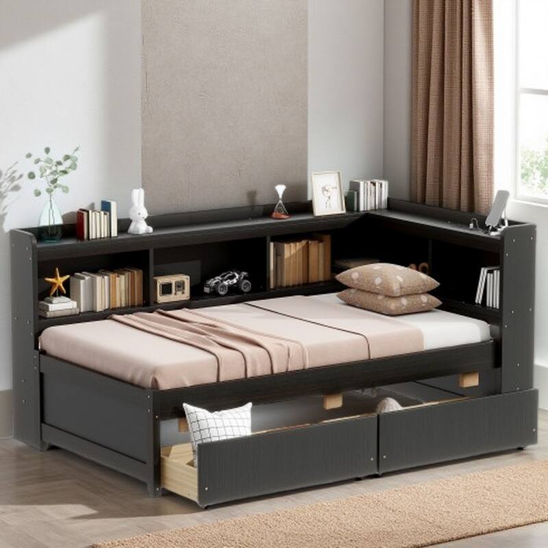 Full Size Bed with L-Shaped Bookcase, USB Charging Ports, 2 Storage Drawers, Power Outlets, and Espresso Finish - Twin Espresso - Twin