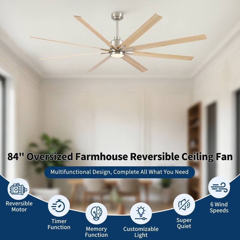 84" Oversized Large Black Walnut Solid Wood Ceiling Fan with Dimmable Led Light 8 Blades Remote Control Reversible DC Motor