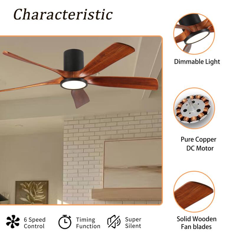 60" Ceiling Fan with Light, Flush Mount, 5 Solid Wood Blades, Quiet Reversible DC Motor, APP & Remote Control - Natural Wood