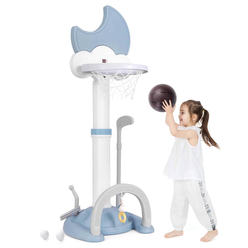4 in 1 Height Adjustable Toddler Basketball Hoop Multi-use Game Center - White+Blue