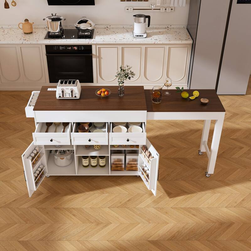 Kitchen Island with Extendable Dining Table, Kitchen Storage Cart on Wheels with 2 Drawers, Rolling Extendable Island Cart - White+Walnut