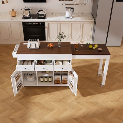 Kitchen Island with Extendable Dining Table, Kitchen Storage Cart on Wheels with 2 Drawers, Rolling Extendable Island Cart