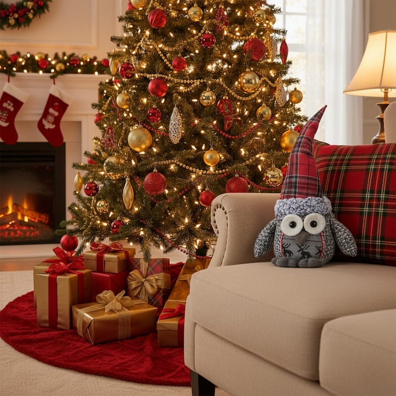 Plush Owl with Plaid Hat Christmas Figure - 16.75" - Red and Gray