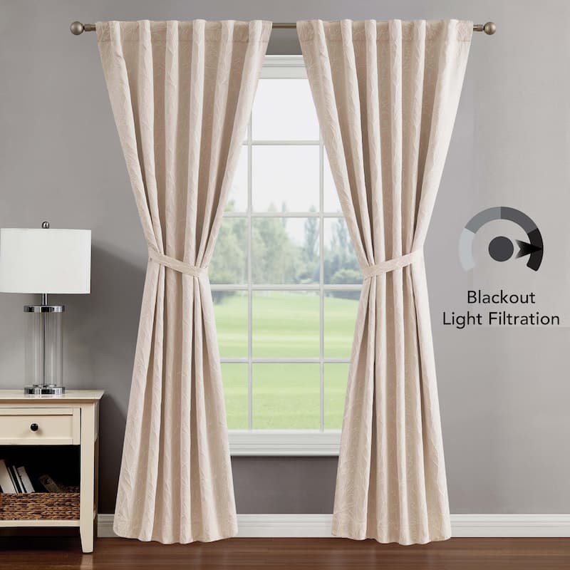 Creative Home Ideas Collins Blackout Window Curtain, Room Darkening, Thermal Insulated, Branch, Back Tab, 2 Panels, 2 Tiebacks
