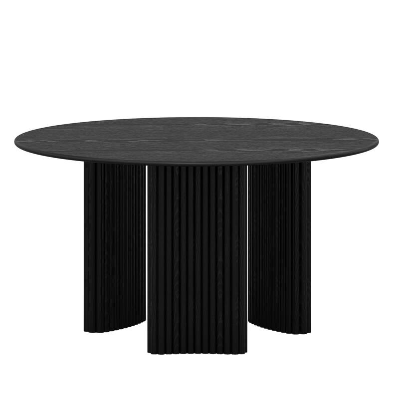 Modern Round Dining Table with Striped Column Legs Solid Wood Kitchen Table Anti-Scratch Footpads