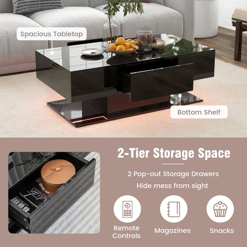 Contemporary Coffee Table with RGB LED Lights and Storage Drawers and Open Shelf Gloss Finish - 43.5" x 23.5" x 16"