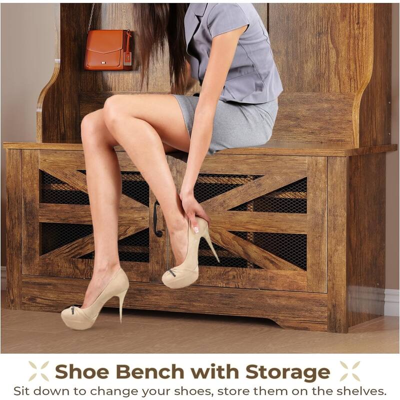 Hall Tree w/ Bench Shoe Storage Shoe Cubby Barn Door Adjustable Shelf
