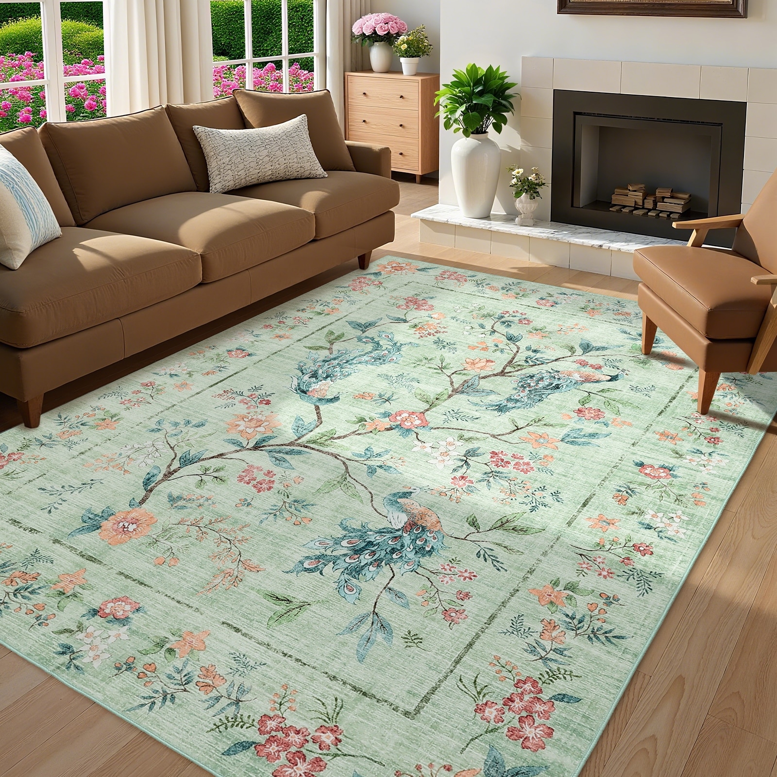 Washable Area Rug Floral Peacock Print Rug Soft Non Slip Low Pile Accent Rugs for Living Room Bedroom