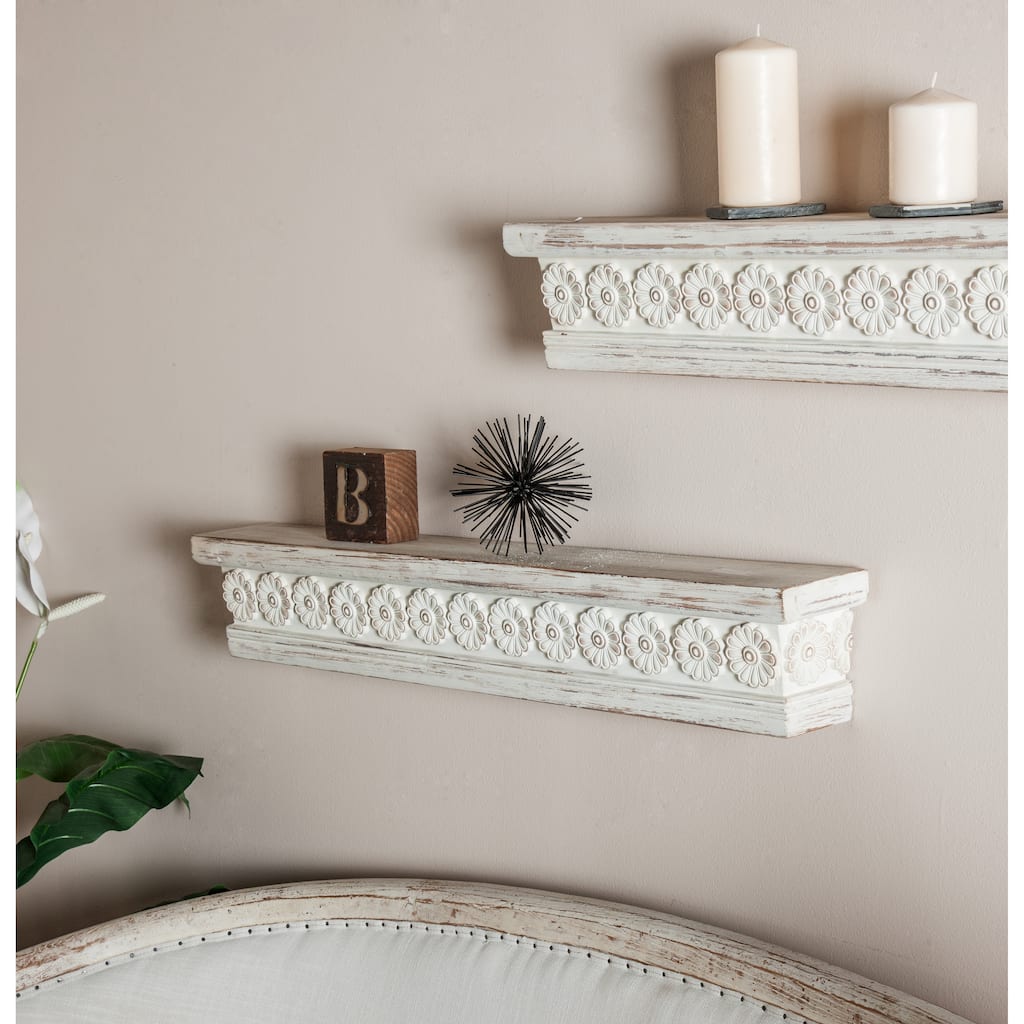 White Wood Intricate Carved 1 Shelf Floral Wall Shelf