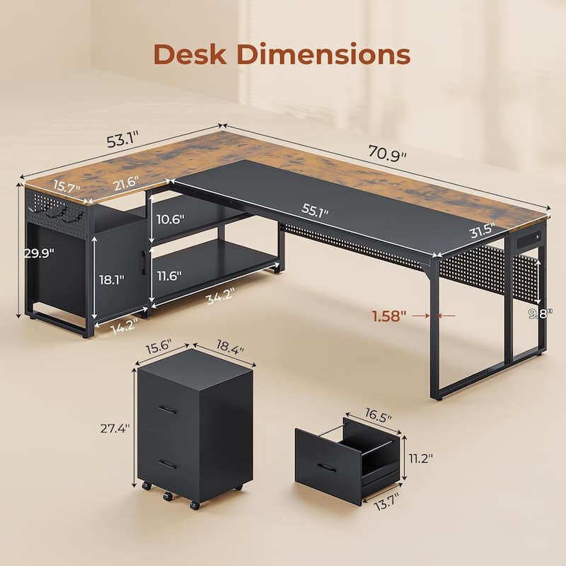 Executive Desk L Shaped Desk File Drawers Power Outlets Computer Desk