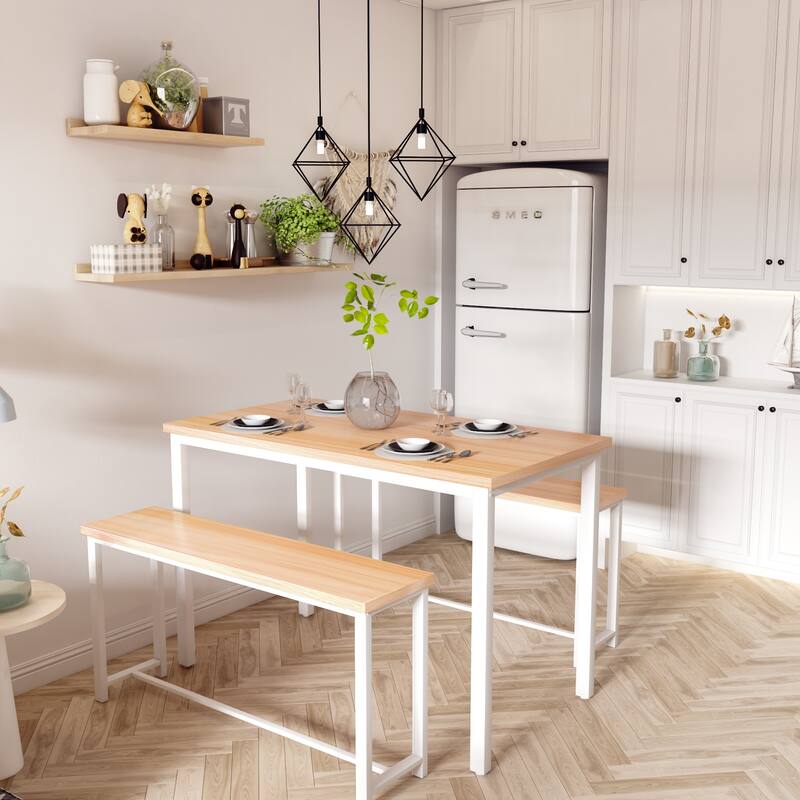 Dining Table Set with Bench, 3 Pieces Dining Furniture Set Kitchen Table Set for Kitchen, Dining Room, Living Room