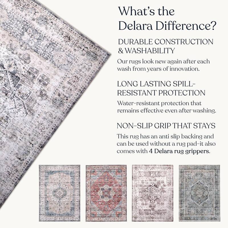 Delara Machine Washable Area Rug, Soft & Durable, Non-Slip Backing, Eco- Friendly GRS certified.