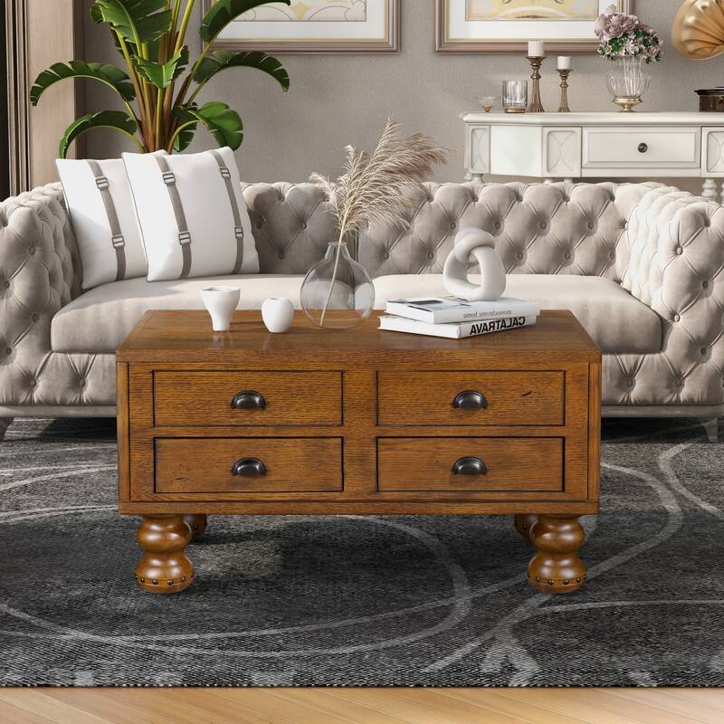 Solid Wood Rectangle Coffee Table with 4 Drawers - Espresso