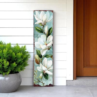 HomeRoots 36" Blue Green And White Magnolia Solid Wood Porch Sign