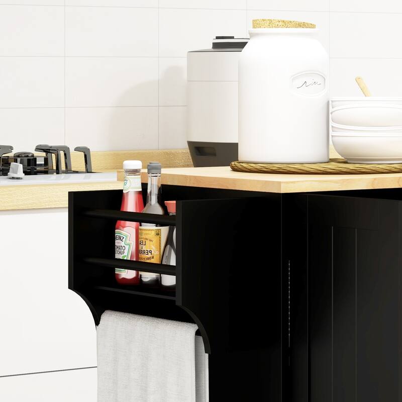 Kitchen Island on Wheels, Rolling Cart with Rubberwood Top, Drawer, Spice Towel Rack, Storage Cabinet with Adjustable Shelves