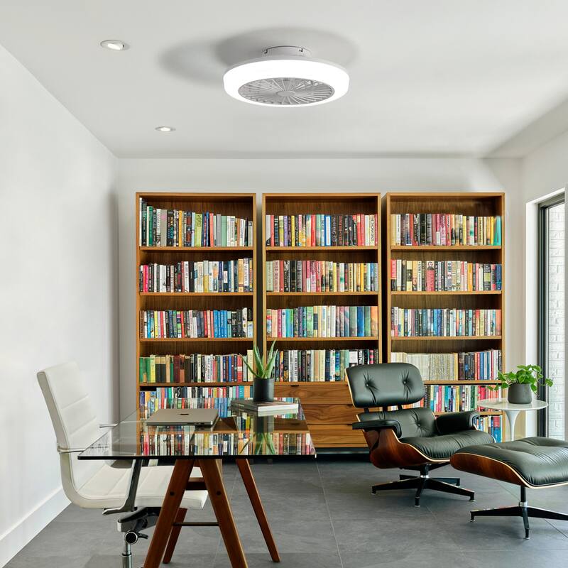 18 Inch Enclosed Ceiling Fan with Light and Remote, Modern Flush Mount Bladeless Ceiling Fan for Bedroom Living Room, White