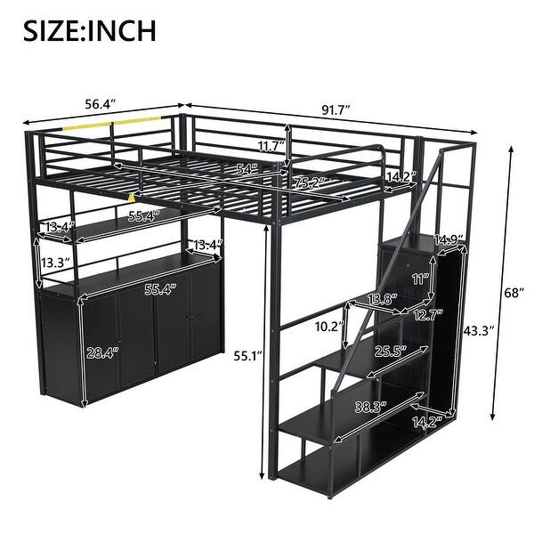 dimension image slide 0 of 2, Full Size Metal Loft Bed with Storage Staircase and Open Wardrobe, Multifunctional Bed Frame with Shelves and Lockers