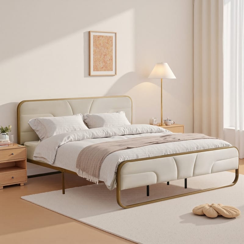 Modern Velvet Platform Bed - Cream - Queen