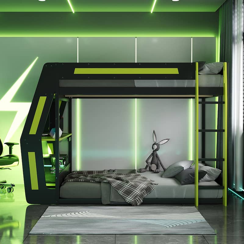 Full-Size Gaming Bunk Bed with RGB Desk, USB Charging & LED Light Strip by Harper&Bright Designs