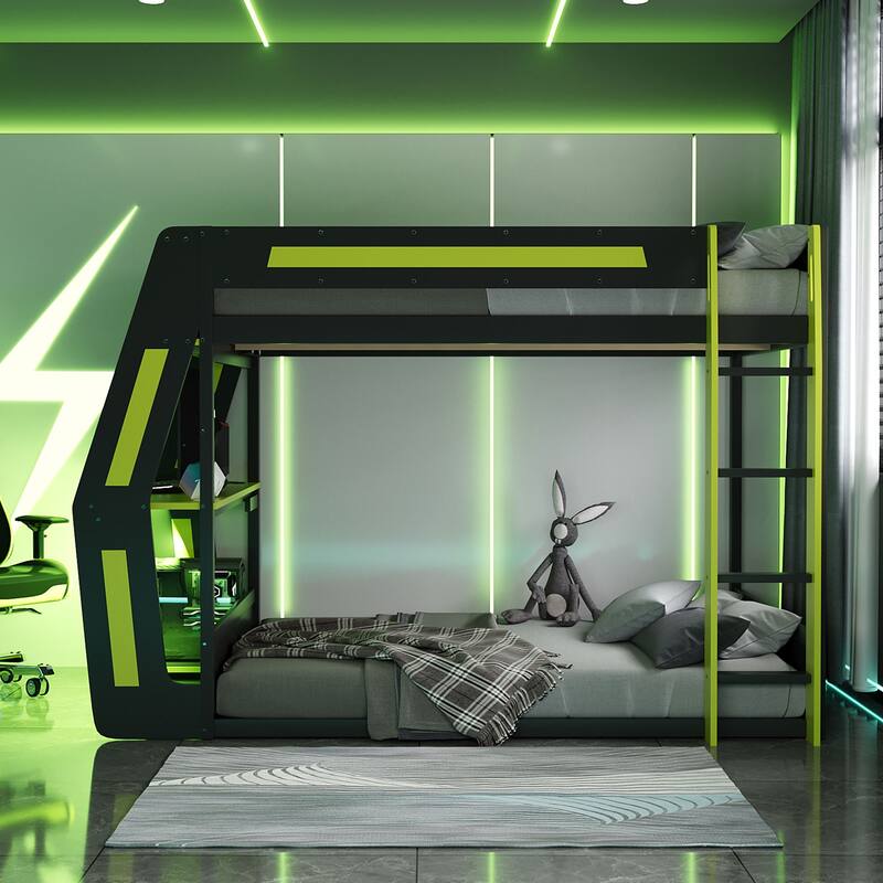 Full Size Gaming Loft Bed with RGB Desk & LED Lights - Heavy Duty Esports Bunk Bed with USB Ports, Cable Management for Gamers