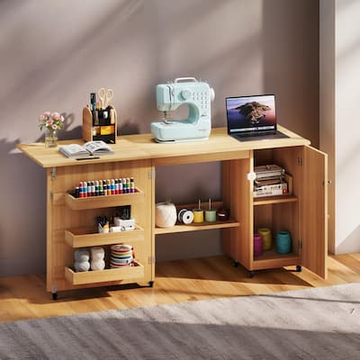 Moasis 61" Wide Folding Sewing Table and Craft Table with Storage and Charging Station