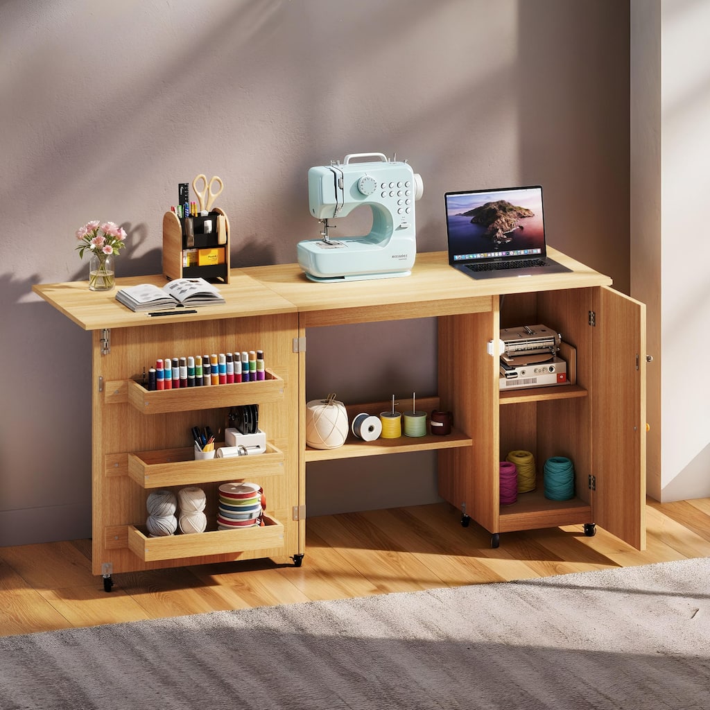 Moasis 61" Wide Folding Sewing Table and Craft Table with Storage and Charging Station