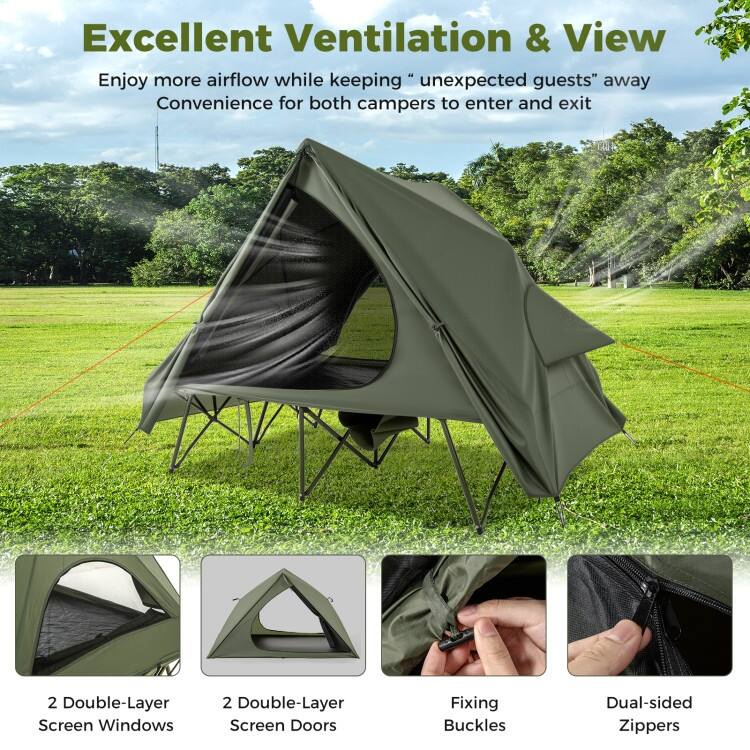 Green Oxford Cloth Metal 2-Person Camping Tent Cot Combo with Rainfly and Wheeled Bag - 80" x 51" x 64"