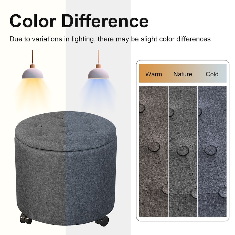 Adeco 17" Faux Leather Round Storage Ottoman with Tufted