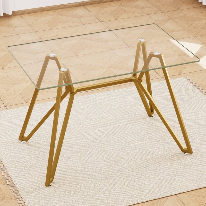 Gold Modern Tempered Glass Dining Table with Metal Legs for Kitchen, Living Room
