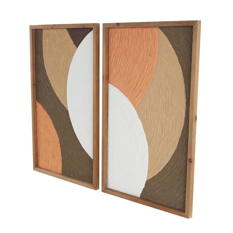 Brown Wood Overlapping Circles Abstract Home Wall Decor with Orange and White Accents (Set of 2)