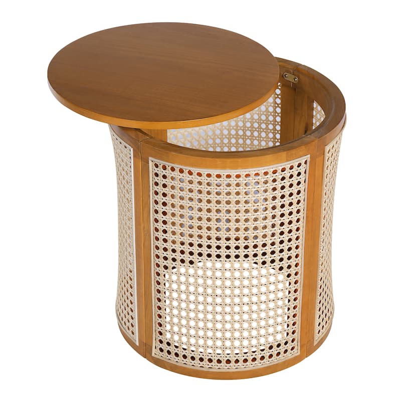 15.70" Round End Table, Hollow Woven Side Table, Small Rubber Wood Nightstand, Rattan Woven Tea Desk