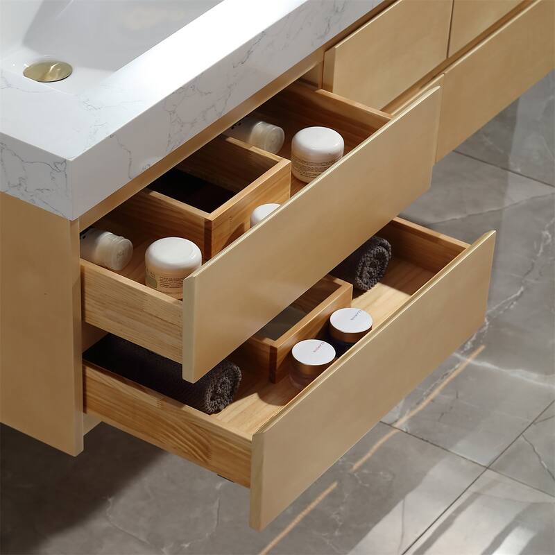 48 in./ 60 in. Solid Wood Wall-Mounted Bathroom Vanity Set in Maple with Engineered Stone Top and Ceramic Sink