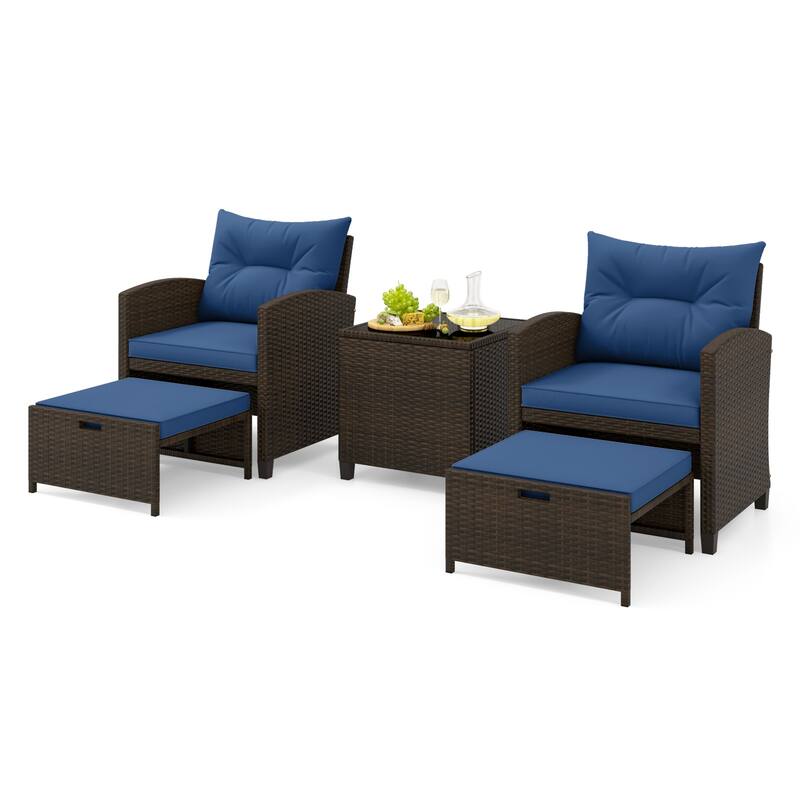 Gymax 5 CS Rattan Furniture w/ & Tempered Glass & 2 Ottomans Coffee - Blue
