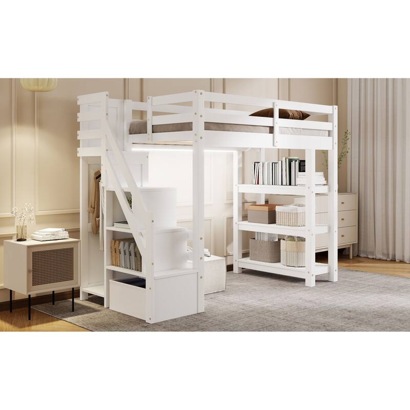 Wooden Loft Bed Frame with 4-tier Storage Shelf, Small Wardrobe, White LED Light and Storage Staircase, Space Saving Storage Bed