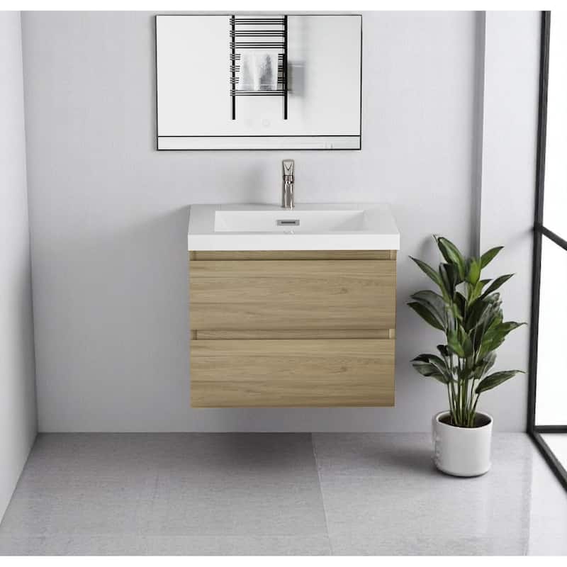 30" Floating Bathroom Vanity with Sink, Modern Wall-Mounted Cabinet, Resin Countertop, Soft Close Drawers - Natural