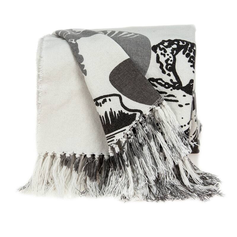 HomeRoots 52" X 67" Ivory and Gray Woven Cotton Coastal Seashell Throw Blanket with Fringe