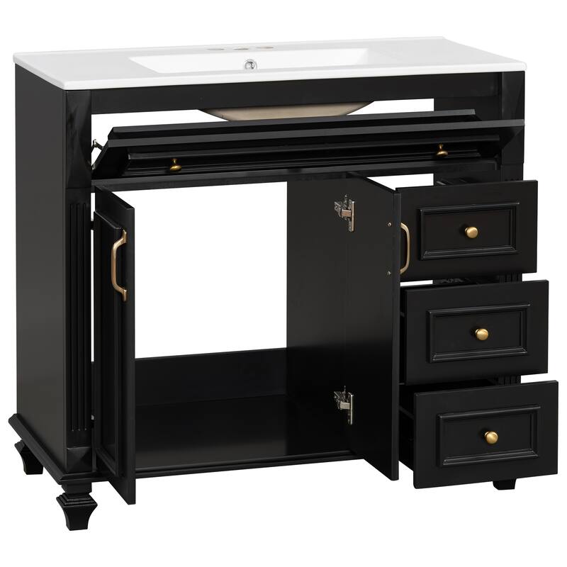 Roomfitters 36" Bathroom Vanity with Sink, Flip-Out Drawer, 3 Drawers, Soft-Close Doors, Solid Wood Cabinet