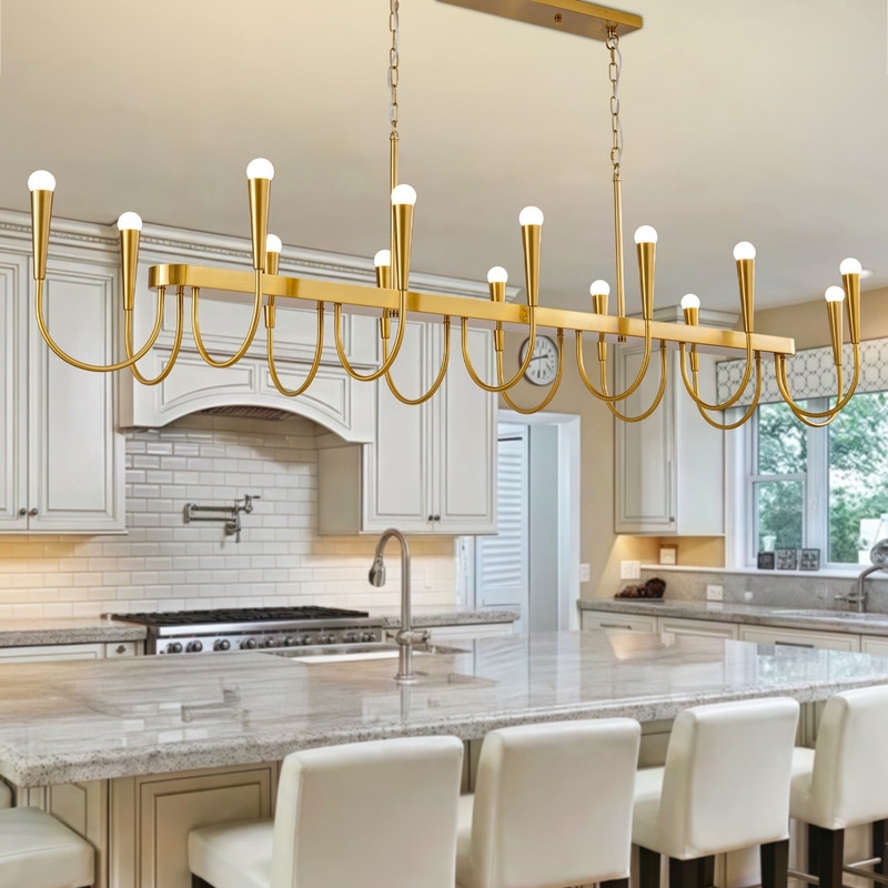 Modern Farmhouse Linear Chandelier Gold and Black Adjustable Industrial Pendant Light for Dining Room Kitchen Island