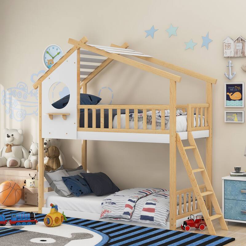 Twin Over Twin Bunk Bed Wood Bed House with Ladder, Storage Rack