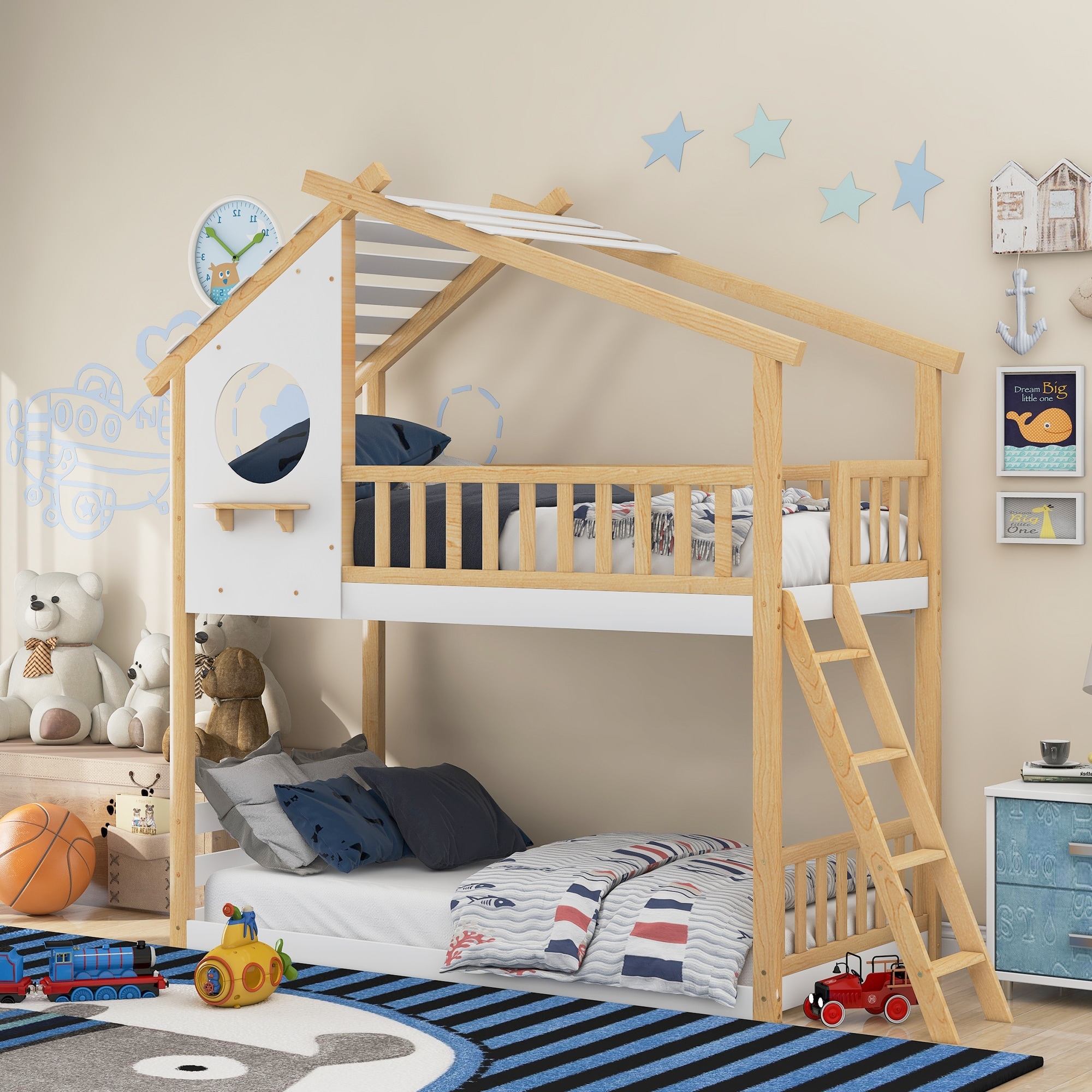 Twin Over Twin Wood Bunk Bed with Pitched Roof Round Window and Ladder Natural