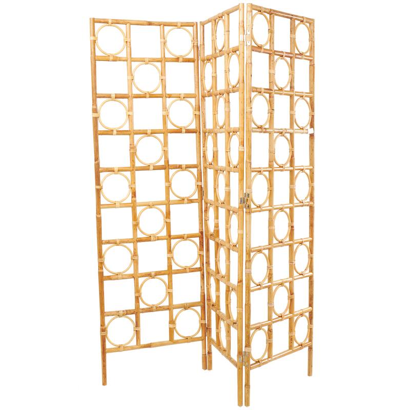 Brown Rattan Handmade Woven Geometric 3 Panel Geometric Partition Room Divider Screen with Open Frame Design