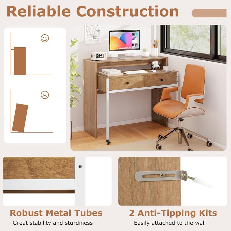 Gymax Extendable Computer Desk w/ 2 Storage Drawers & Monitor Shelf