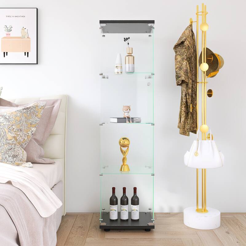 4 Layer Shelves Glass Display Cabinet w/Quick-Install Floor Standing Curio Bookshelf for Living Room Study or Collection Room
