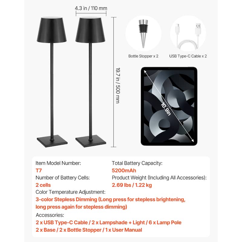 Cordless Table Lamp 2 PCS Rechargeable Battery Desk Lamp Adjustable Height Black