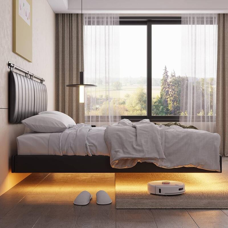 King Floating Bed Frame with LED Lights and Wall Mounted Headboard