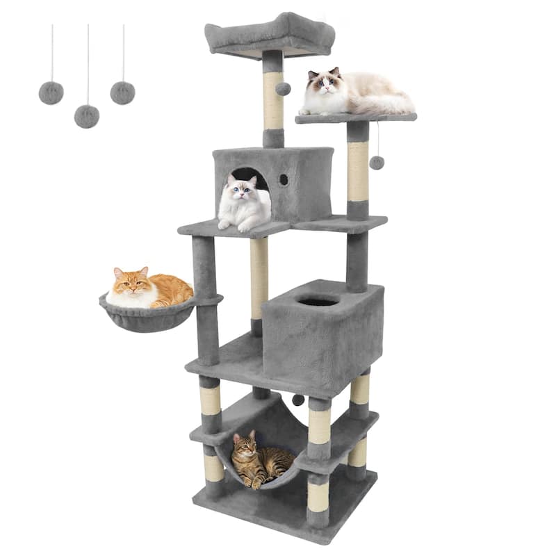 Gymax 66'' Tall Cat Tree w/2 Condos Sisal Scratching Posts Plush Perch - Light Grey